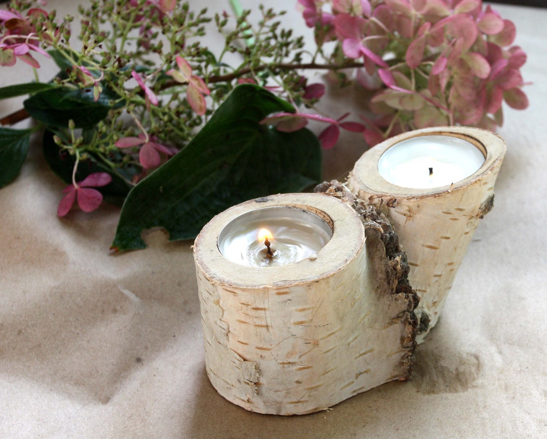 Natural White Birch Wood Candle Holders Rustic Wedding Etsy