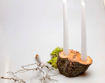 Wood Candle Holder -Candle Holder with 2 Light Spots - Wood Log Holder -Apricot Tree Candle Holder - Wedding Decoration