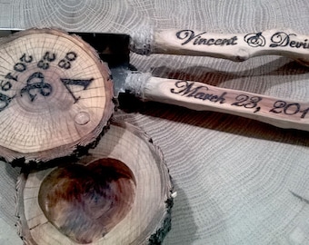 Cake knife set  with Rustic cake server Personalized wooden ring box-/ Wood Wedding knife/ Wedding cake set/ /  Driftwood wood/ Wedding gift