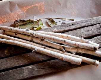 May include: A bundle of white birch branches with the bark peeled off, arranged on a weathered wooden surface.