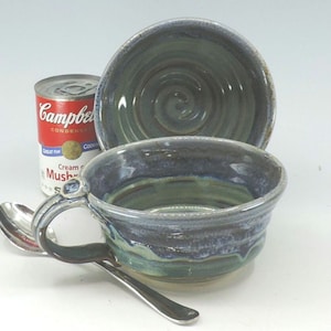 Hand Thrown Soup Bowls with Handle - Set of 2 Blue Ceramic Mugs
