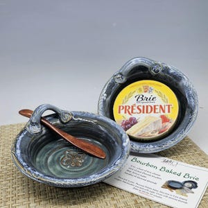 Handmade Stoneware Brie Baker with Knife: Blue Fleur de Lis Design