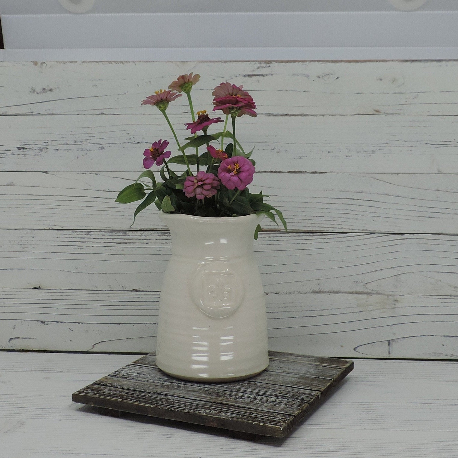 Flower Vase White Milk Jug Vase Hand Made Farm House White Etsy
