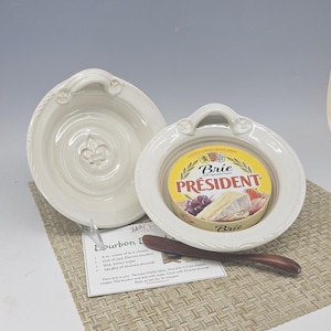 Handmade Ceramic Brie Baker with Knife: White Glaze Pottery, Recipes Included