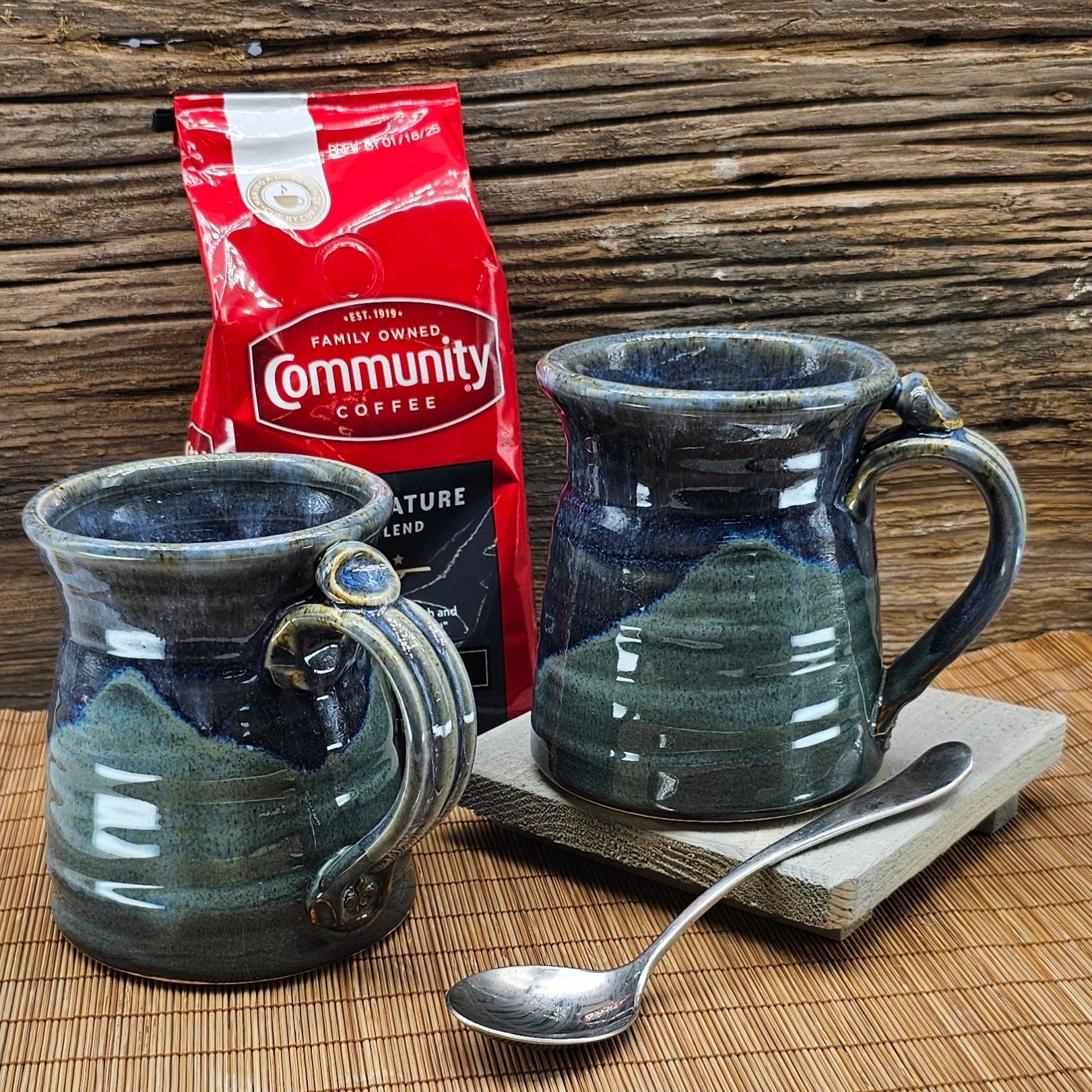 MUG 14 oz - Set Of 2 - Coffee Cups- Ready to Ship, Handmade Pottery - Microwave, Oven, Dishwasher Safe, Egg Cooker