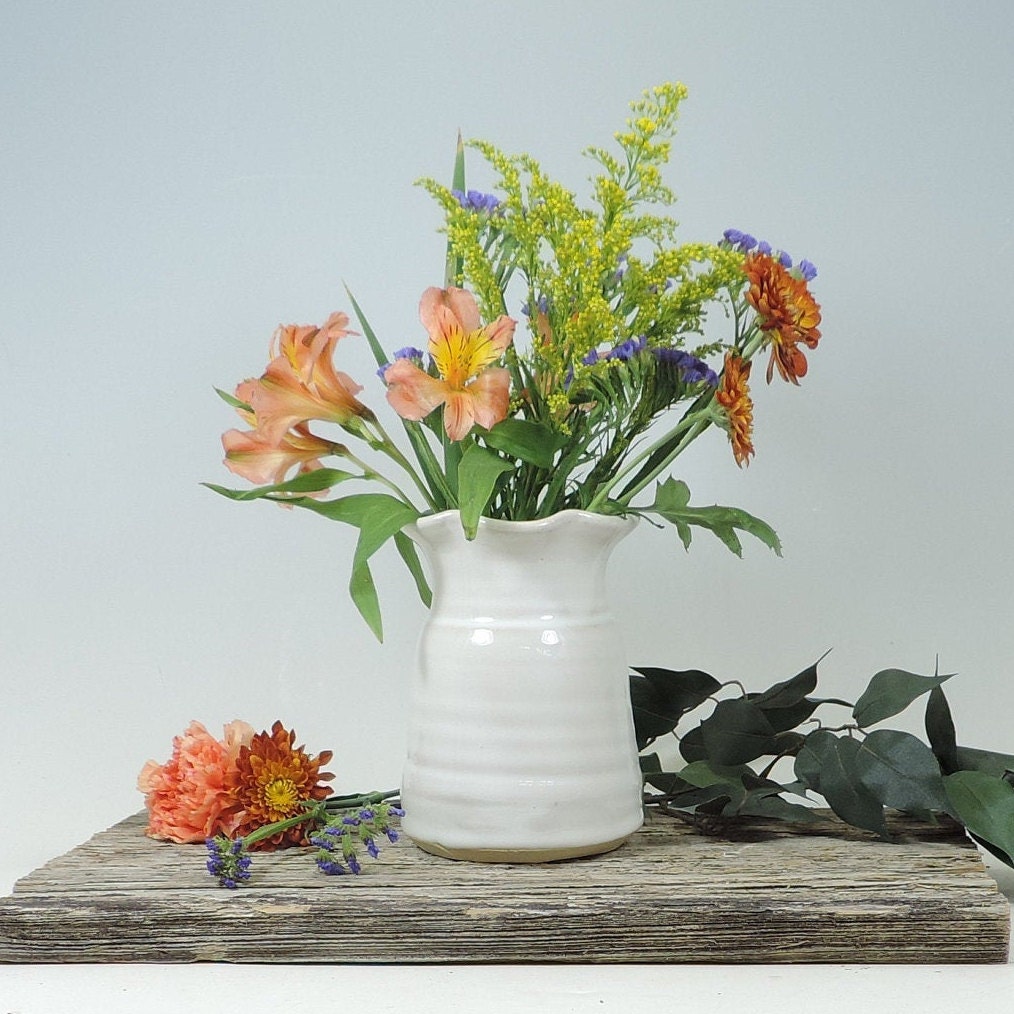 Flower Vase White Milk Jug Vase Hand Made Farm House White Etsy