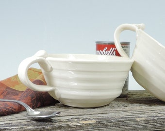 Handmade Ceramic Soup Mug Set: White Glaze, Thumb Rest Handle