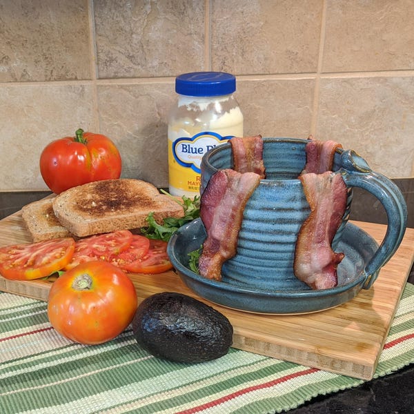 Handmade Ceramic Bacon Cooker: Blue Pottery Bacon Lover Gift