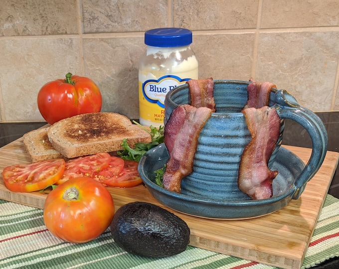 Handmade Ceramic Bacon Cooker: Blue Pottery Bacon Lover Gift