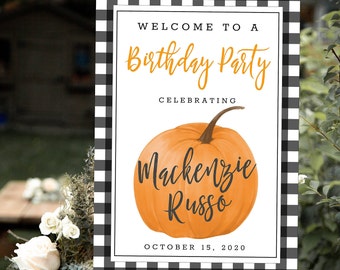 Gingham Pumpkin welcome sign printable 20x30 template editable 24x36 templett G084 birthday sign editable template baby shower sign