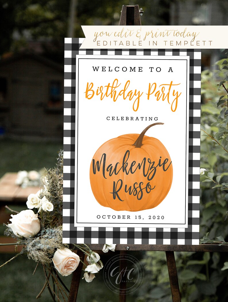 Gingham Pumpkin welcome sign printable 20x30 template editable 24x36 templett G084 birthday sign editable template baby shower sign