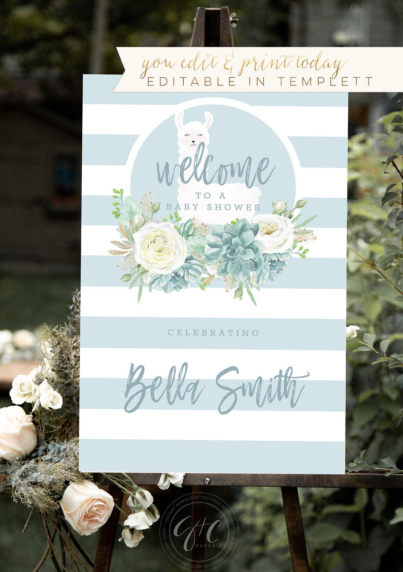 G163 20x30 baby boy shower sign birthday sign 16x20 template editable printable blue Llama welcome sign watercolor floral 24x36
