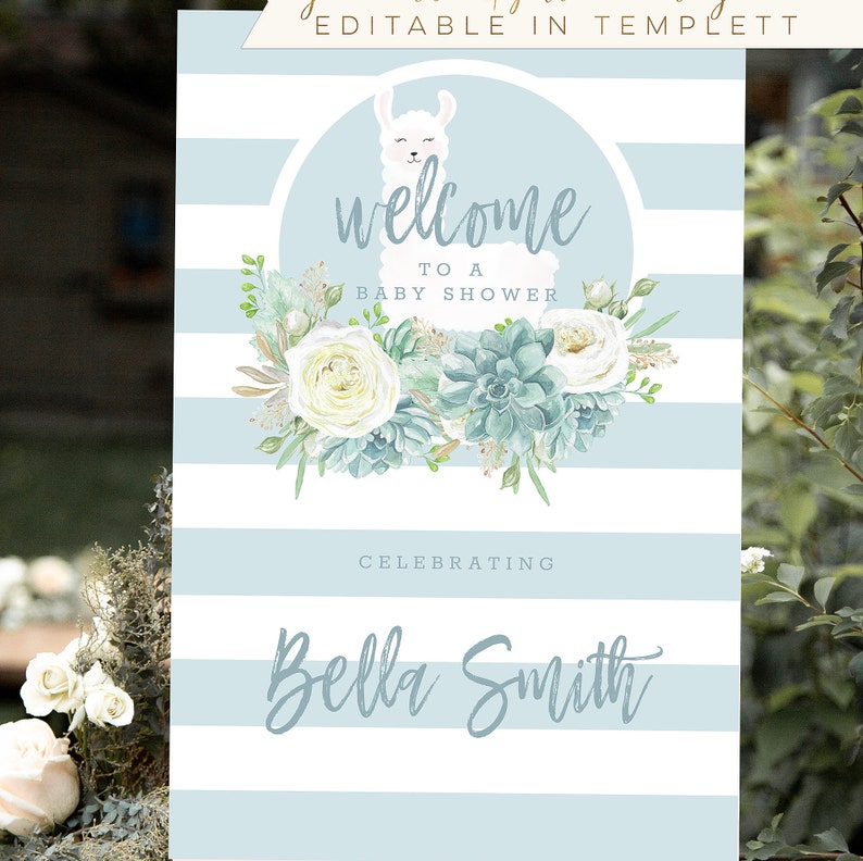 G163 20x30 baby boy shower sign birthday sign 16x20 template editable printable blue Llama welcome sign watercolor floral 24x36