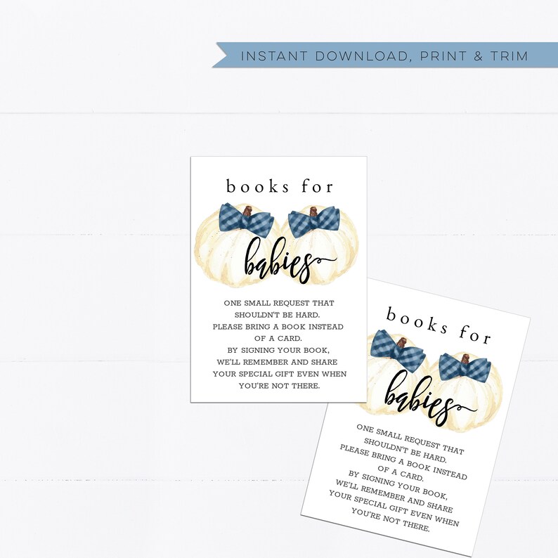 bowtie Baby boy build a library twins shower G107 Books for Baby Blue book request insert Fall Pumpkins