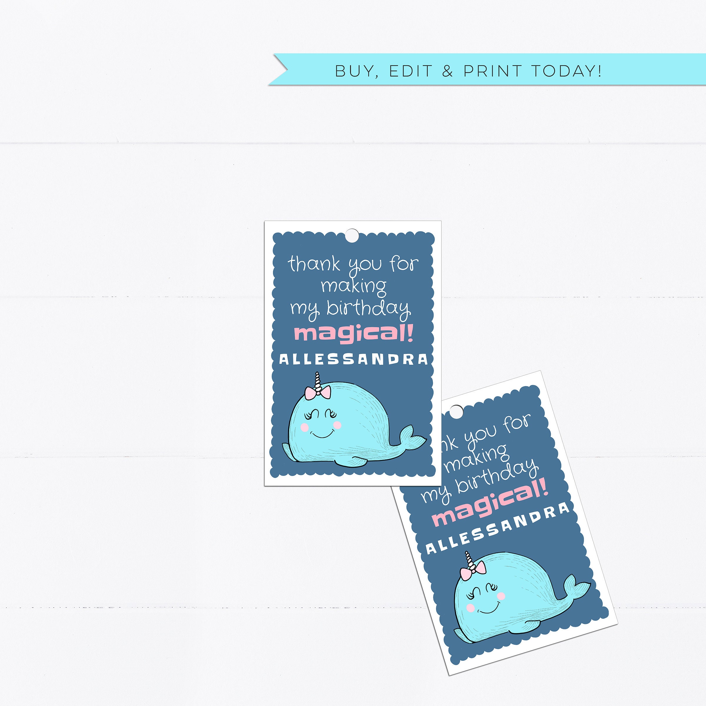 Narwhal theme Party favor template narwhale Birthday Thank | Etsy