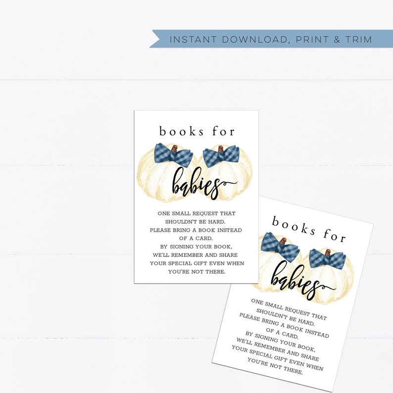 bowtie Baby boy build a library twins shower G107 Books for Baby Blue book request insert Fall Pumpkins