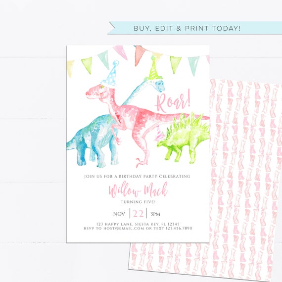 Dinosaur birthday invitation template girl birthday girl Etsy