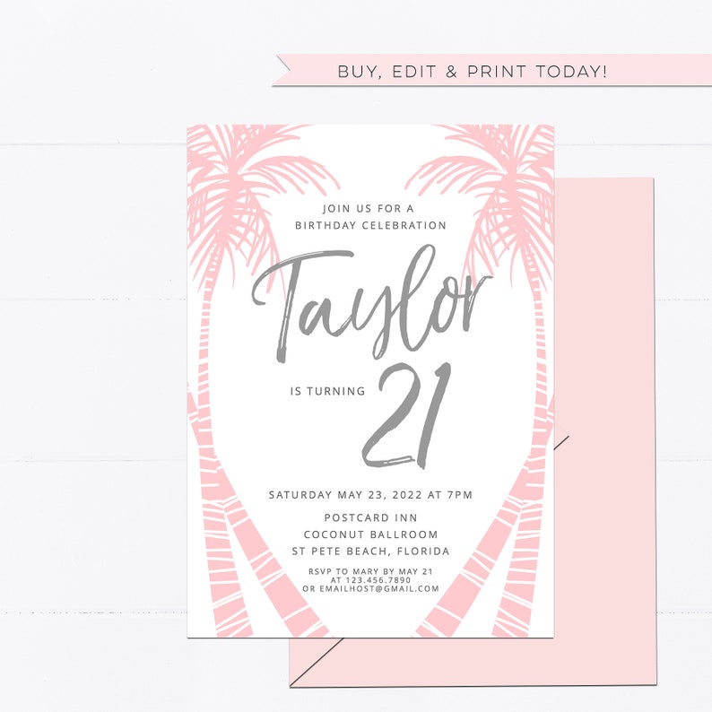 editable invite pink Graduation Open House palm trees printable Templett 25th 21st Tropical Palm Birthday invitation template