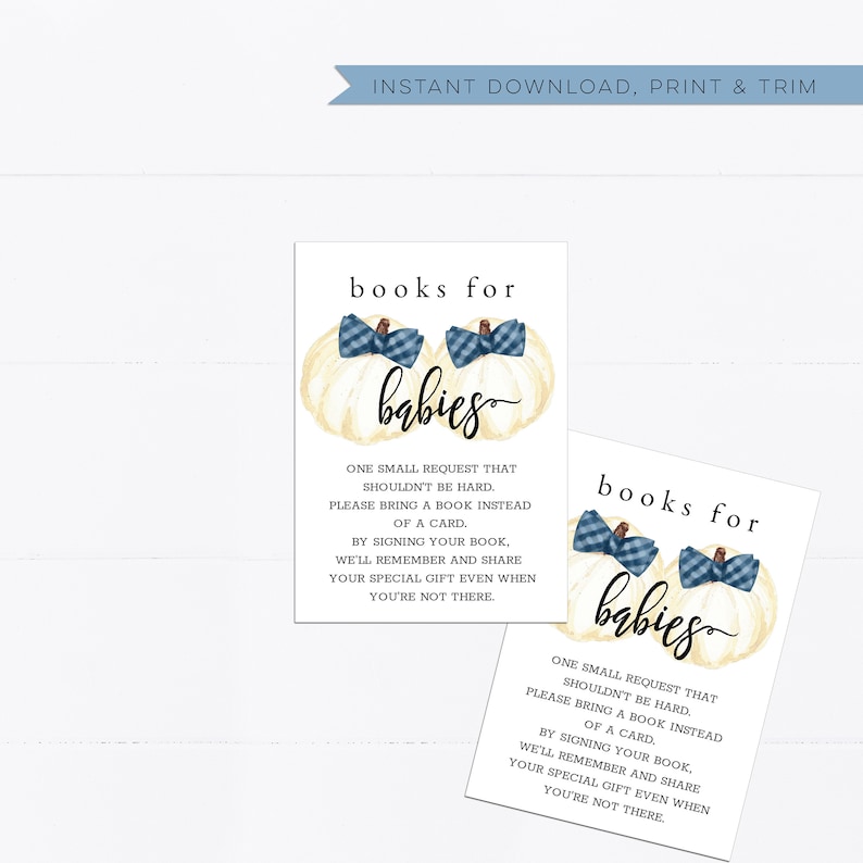 bowtie Baby boy build a library twins shower G107 Books for Baby Blue book request insert Fall Pumpkins