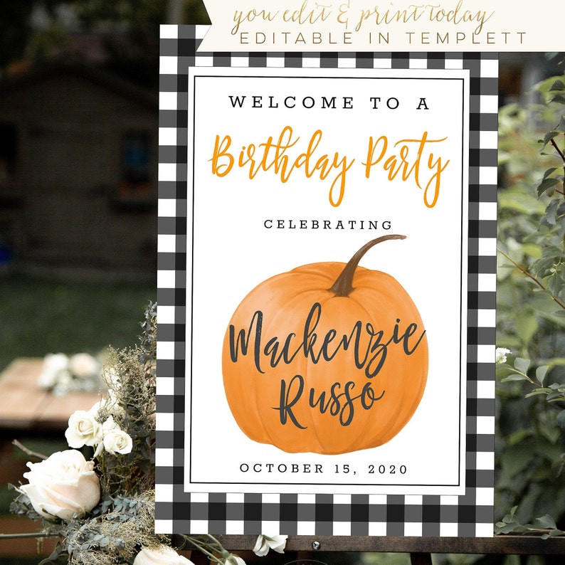 Gingham Pumpkin welcome sign printable 20x30 template editable 24x36 templett G084 birthday sign editable template baby shower sign