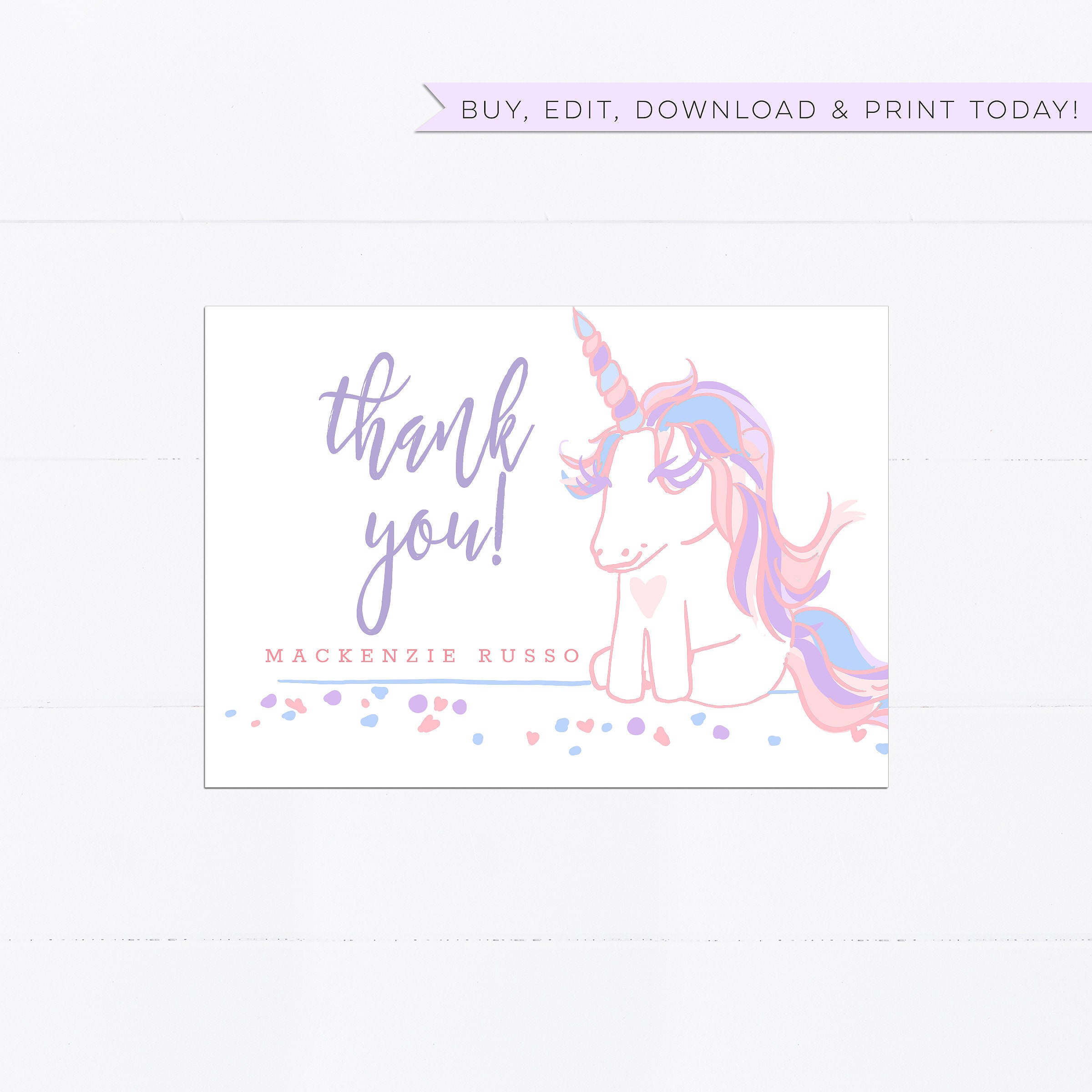 thank you card template unicorn birthday thank you editable etsy