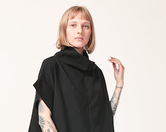 Black Cotton top, Loose Oversized Top, cotton blouse, women's short sleeve blouse, cowl neck summer top
