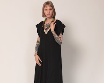 Black Maxi Dress, Summer Maxi Dress, Loose Fit Dress, Modern V Neck Dress, Plus Size Dress, Steampunk Dress, sustainable fabric