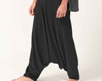 Pantalones harén negros unisex, pantalones harén para hombre, pantalones con tiro caído, pantalones de gran tamaño, pantalones de festival, estilo japonés, pantalones holgados