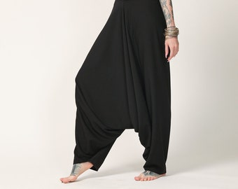 Pantalones Harem Negros, Pantalones Harem para Mujer, Pantalones con Tiro Caído, Pantalones Oversize, Pantalones de Festival, Estilo Japonés, Pantalones Harem Negros Unisex