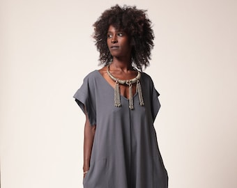 Blue Oversized Maxi Kaftan Dress with Pockets