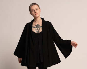 Black Cape Jacket, Evening A-Line Jacket, Kimono Elegant Jacket, Flared Wide Sleeves, Japanese Women's Black Evening Cardigan, Cover Up