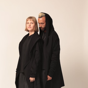 ブラックフード付きカーディガン、ユニセックスカーディガン、ポケット付きメンズオープンカーディガン、ブラックパーカージャケット、オーバーサイズパーカー付きカーディガン