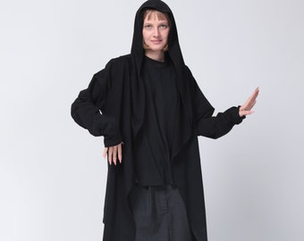 Open Hoodie for women with Pockets, Unisex Hoodie, Long Black Hooded Cardigan, Black Hoodie Jacket, Long Hoodie Top
