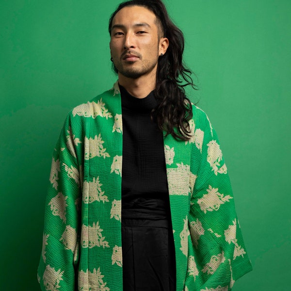 Green Haori Coat, Haori Jacket, Oversized Kimono, Unisex Winter Haori Kimono Jacket, Long Kimono,  Reversible Haori Kimono, Burning Man