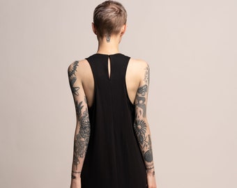 Black Tank Maxi Dress, Sleeveless High Neck Loose Dress, Sexy Open Back A Line Dress, Summer Casual Evening Maxi Dress, Urban Boho Dress