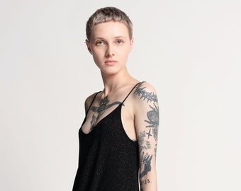 Evening Sparkling Black Tank Top, A Line Black Tank Top, Loose