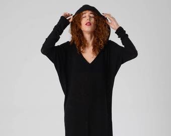 Abito con cappuccio, Vestito slouchy, Vestito alla moda, Abito oversize a maniche lunghe, Top manica a pipistrello, Mini abito nero, Vestito nero casual, Abito con scollo a V,