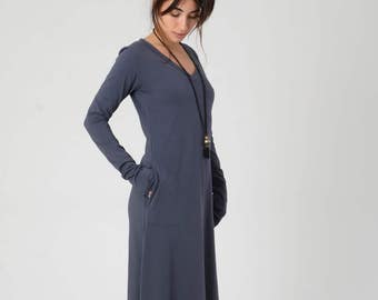 V Neck Dress, Maxi Dress, Blue Dress, Jersey Dress, Spring Fashion, Loose Women's Dresses, Long sleeve Dress, Blue Gray Dress with Pockets