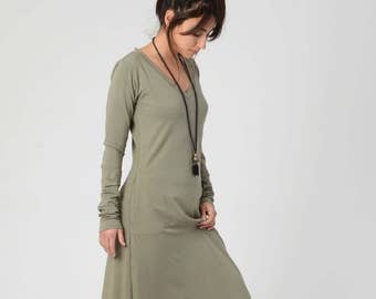 V Neck Dress, Green Maxi Dress, Kurta Dress, Women's Oversize Maxi Dress, Loose Khaki Dress, Long sleeve Dress, Summer Dress, Spring Fashion