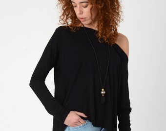Schwarze Tops, Langarmshirt, Oberteil mit U-Boot-Ausschnitt, Oversize-Shirt mit weitem Halsausschnitt, lockere schwarze Bluse für Frauen, schwarze Damenoberteile, schulterfreie Bluse