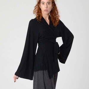 Women's Kimono Cardigan, Black KimonoTop, Wrap Tunic Top, Long Bell Sleeves Top, Japanese Kimono, Boho Kimono, Boho Chic Wrap Top, Sexy Top image 3