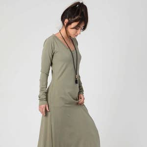 V Neck Dress, Green Maxi Dress, Kurta Dress, Women's Oversize Maxi Dress, Loose Khaki Dress, Long sleeve Dress, Summer Dress, Spring Fashion