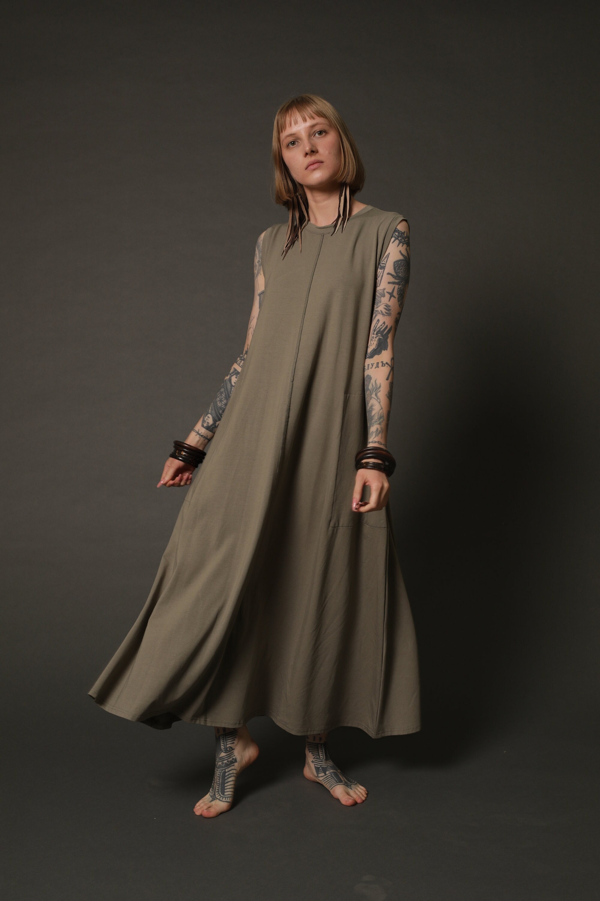 almond green dress Oversized Maxi With Pockets: One Size Sundress Garment Fit:SPLIT LEG
