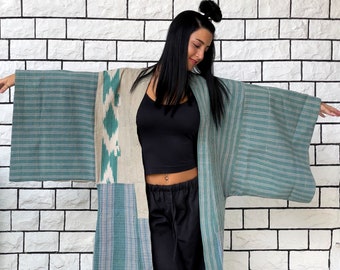 Abrigo azul, kimono de gran tamaño, chaqueta de kimono de invierno beige, ropa exterior acolchada única, kimono largo Haori, Burning Man, abrigo de invierno unisex, OOAK