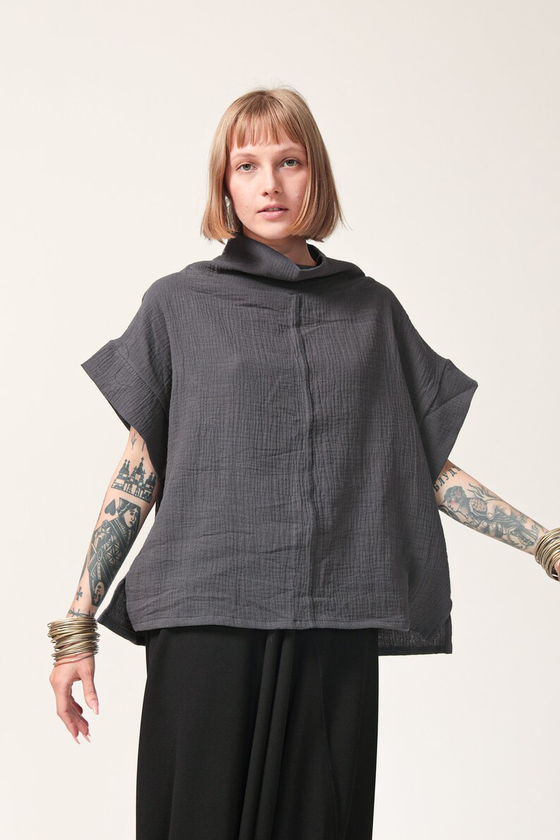 Loose Oversize Black Cotton Top Dark Grey