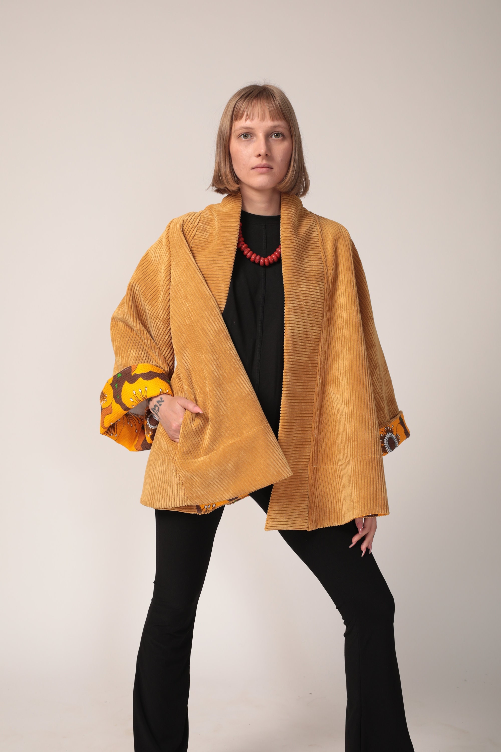 Coats and Jackets, a Line coat, Kimono Jacket, Flare Sleeve top, women's clothing,  Cape coat, Winter Corduroy mustard coat with pockets