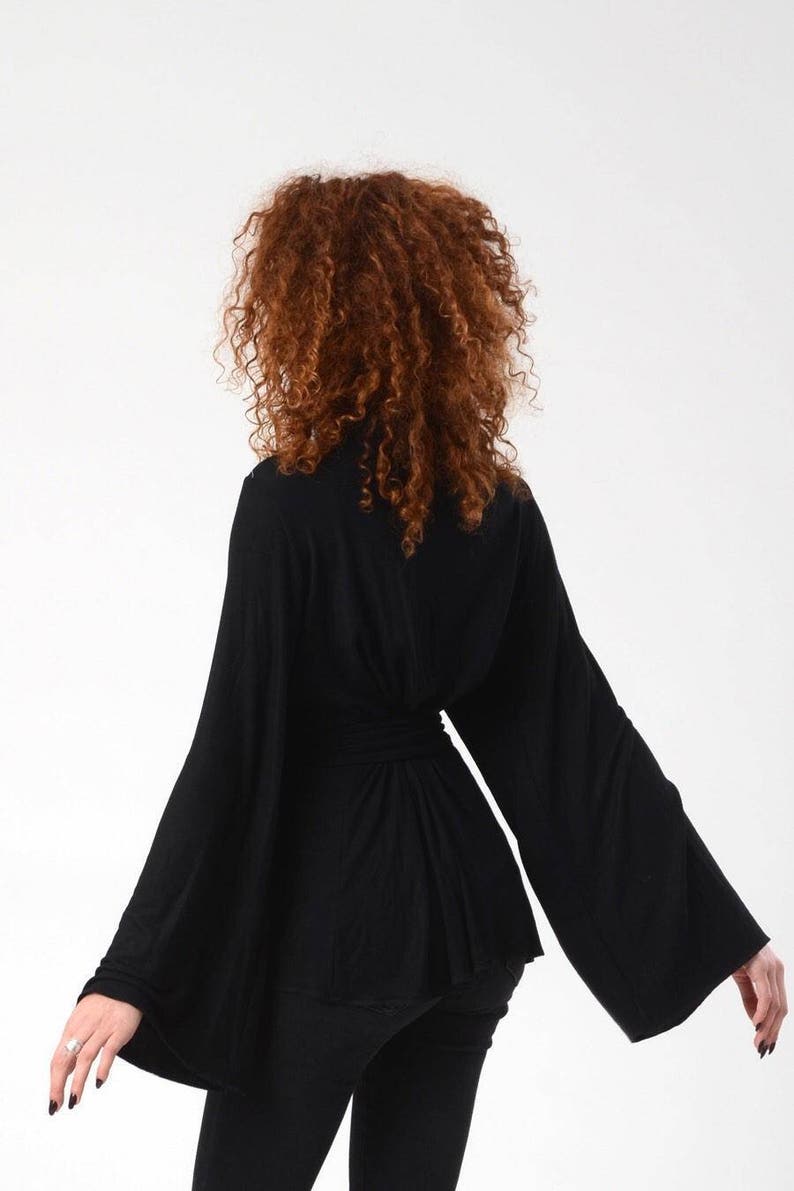 Women's Kimono Cardigan, Black KimonoTop, Wrap Tunic Top, Long Bell Sleeves Top, Japanese Kimono, Boho Kimono, Boho Chic Wrap Top, Sexy Top image 5