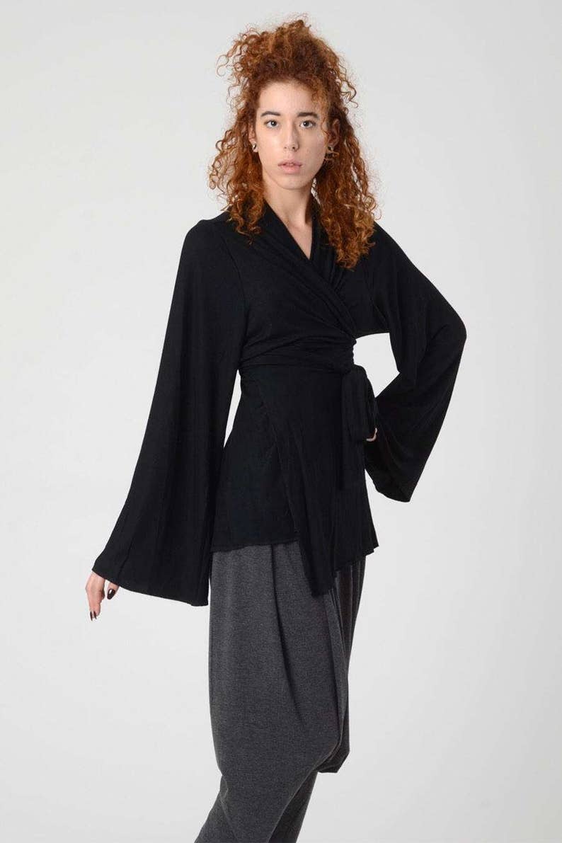 Women's Kimono Cardigan, Black KimonoTop, Wrap Tunic Top, Long Bell Sleeves Top, Japanese Kimono, Boho Kimono, Boho Chic Wrap Top, Sexy Top image 3