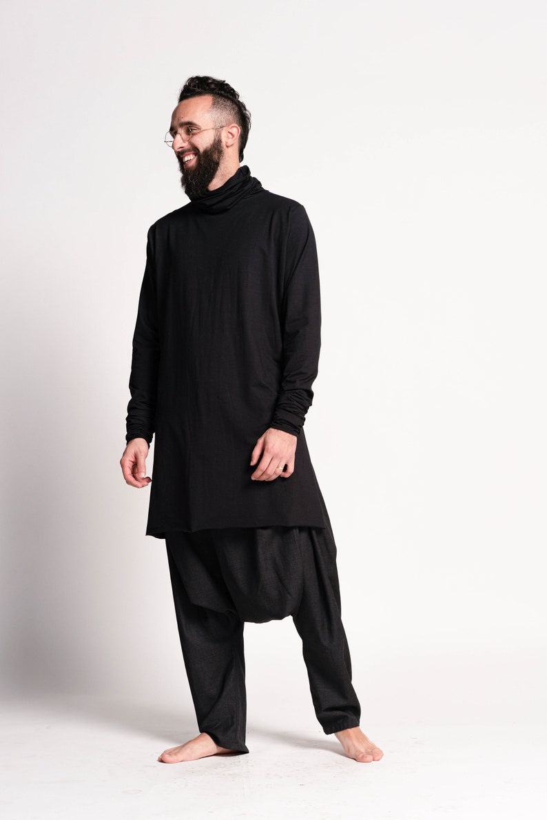 Black Turtle Neck Tunic top, Men Long Shirt, Sustainable Urban Clothing, Men's Black Tops, Black Clothing, Men's Shirts, black Kurta for men image 2