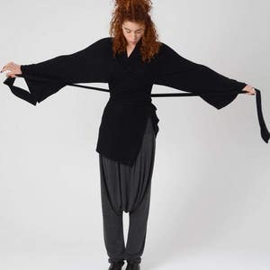 Women's Kimono Cardigan, Black KimonoTop, Wrap Tunic Top, Long Bell Sleeves Top, Japanese Kimono, Boho Kimono, Boho Chic Wrap Top, Sexy Top image 2